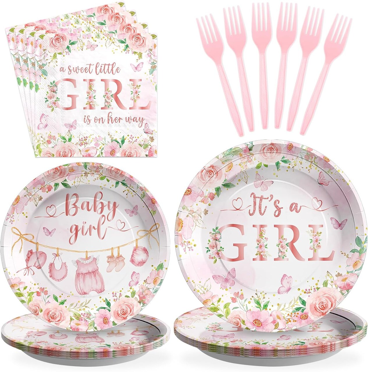 96 Pcs Rose Gold Baby Shower Tableware Set - Serves 24 (Baby Girl)